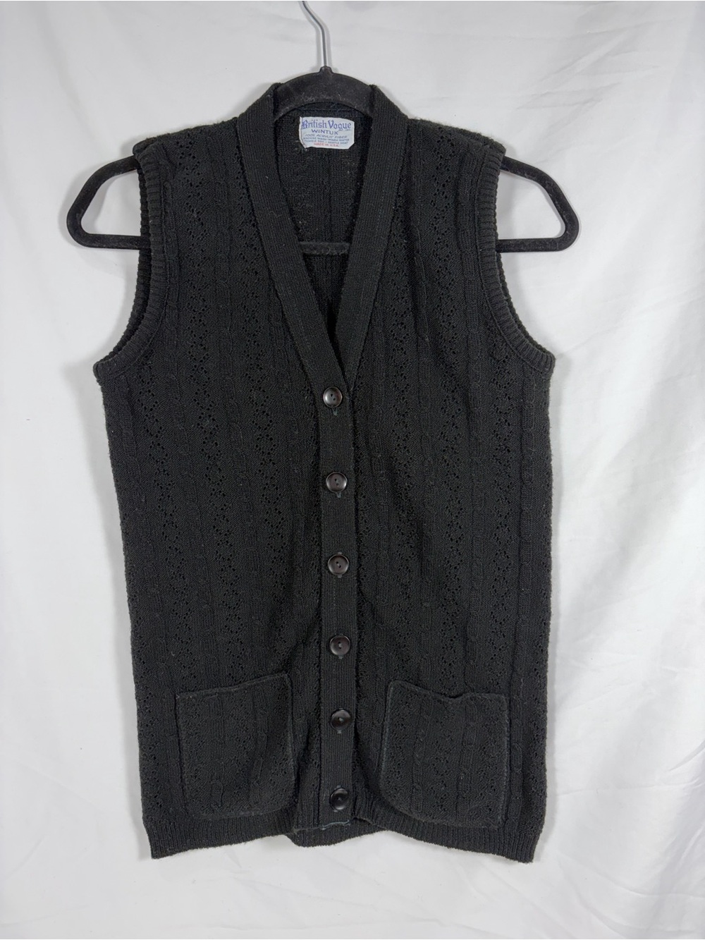 VINTAGE British Vogue Wintuk 100% Acrylic Fiber Black Button-Up Knit Vest